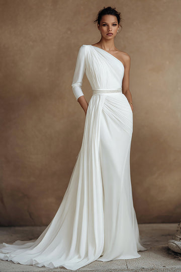 One Shoulder Ivory Mermaid Wedding Dress With Sweep Train